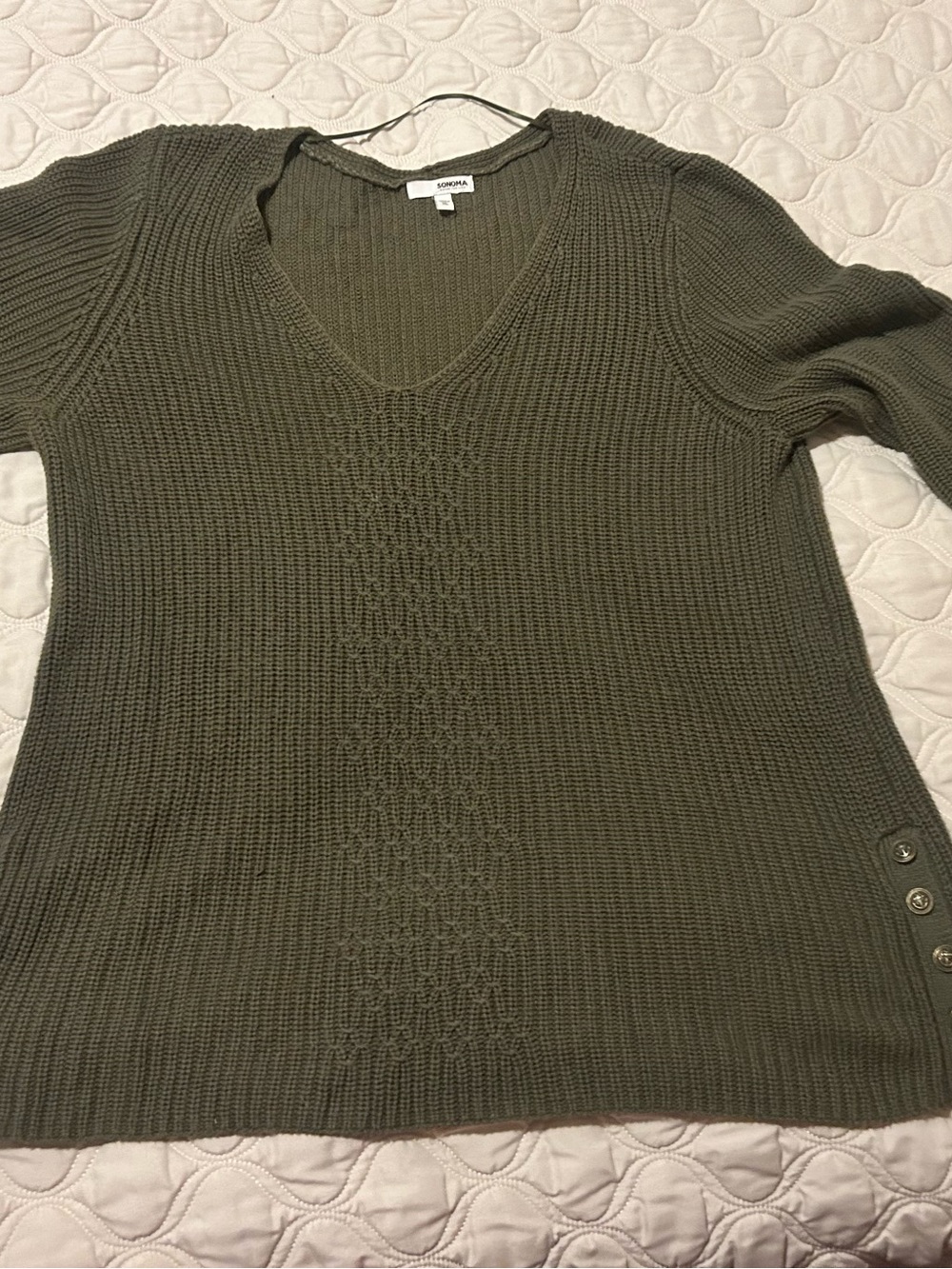 Sonoma Olive Green V-Neck Textured Knit Sweater